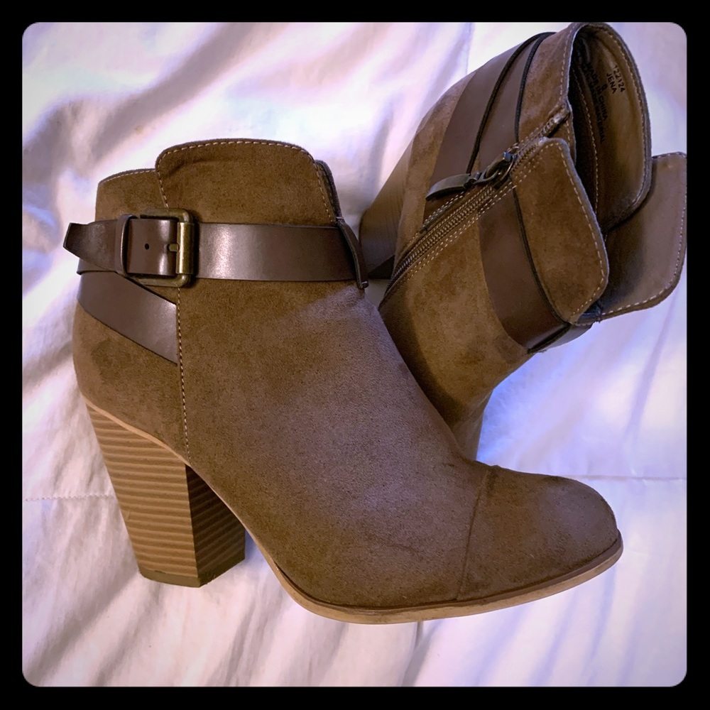 Suede booties with faux leather straps